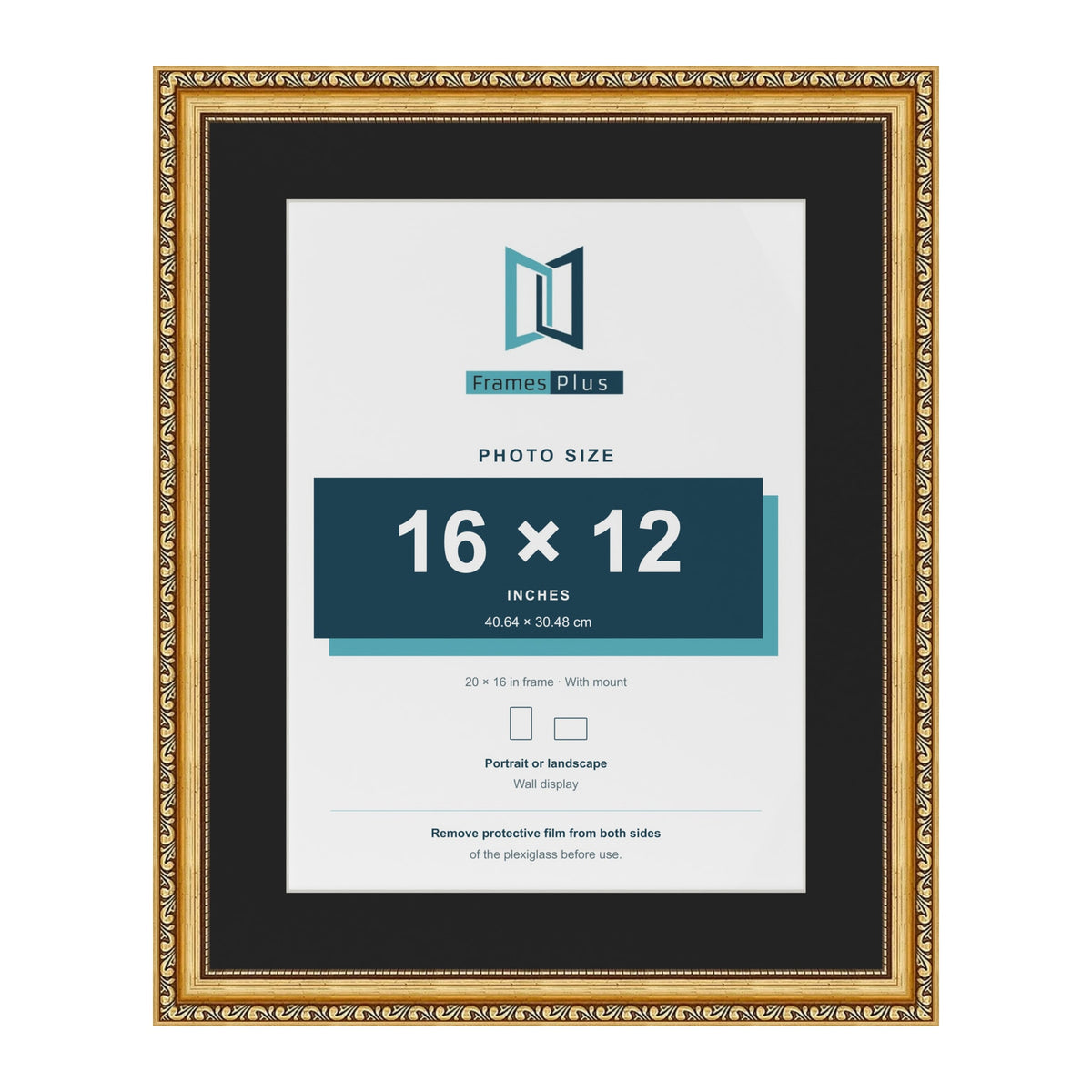 Louis Gold 20 x 16 inch picture frame with a black mount for a 16 x 12 inch photo
