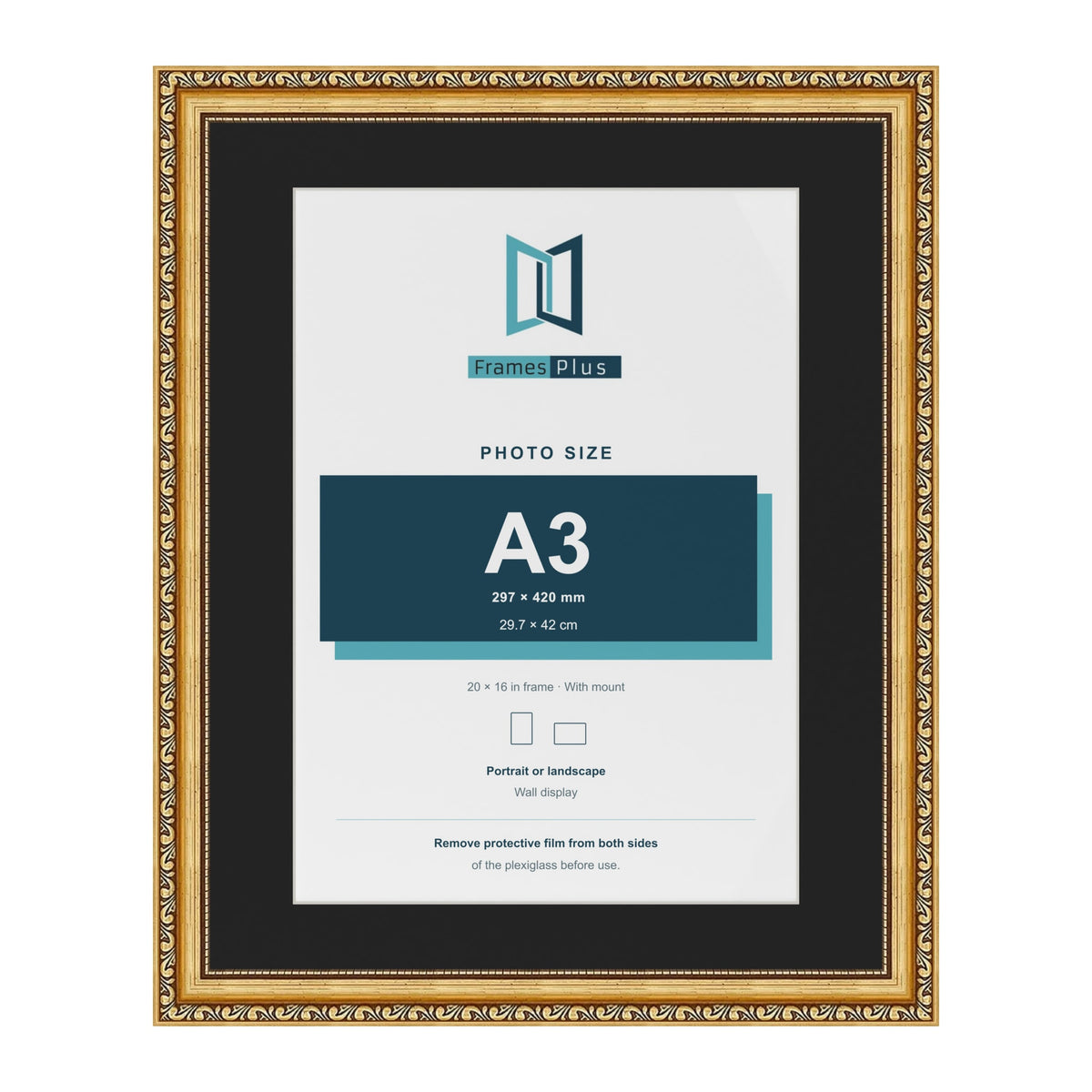 Louis Gold 20 x 16 inch picture frame with a black mount for an A3 photo