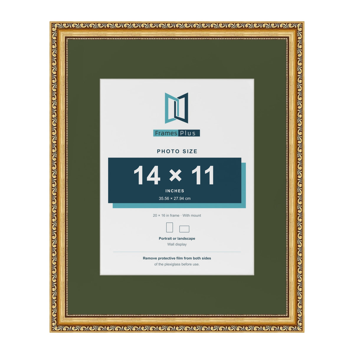 Louis Gold 20 x 16 inch picture frame with a green mount for a 14 x 11 inch photo