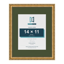 Louis Gold 20 x 16 inch picture frame with a green mount for a 14 x 11 inch photo