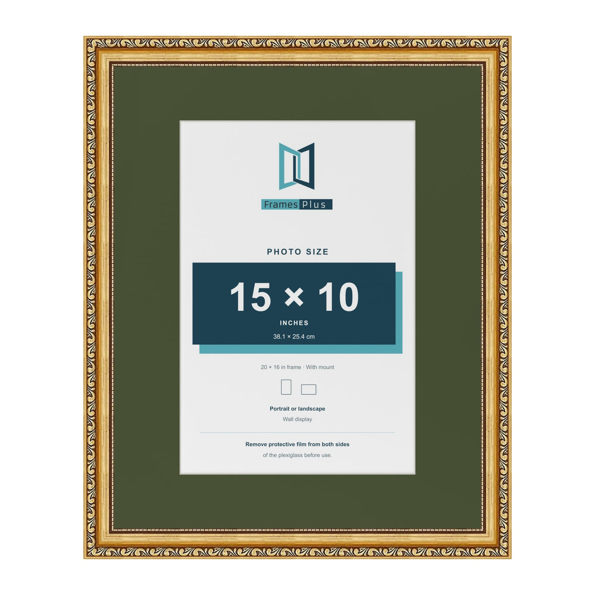 Louis Gold 20 x 16 inch picture frame with a green mount for a 15 x 10 inch photo