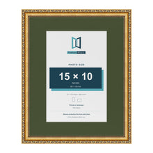 Louis Gold 20 x 16 inch picture frame with a green mount for a 15 x 10 inch photo