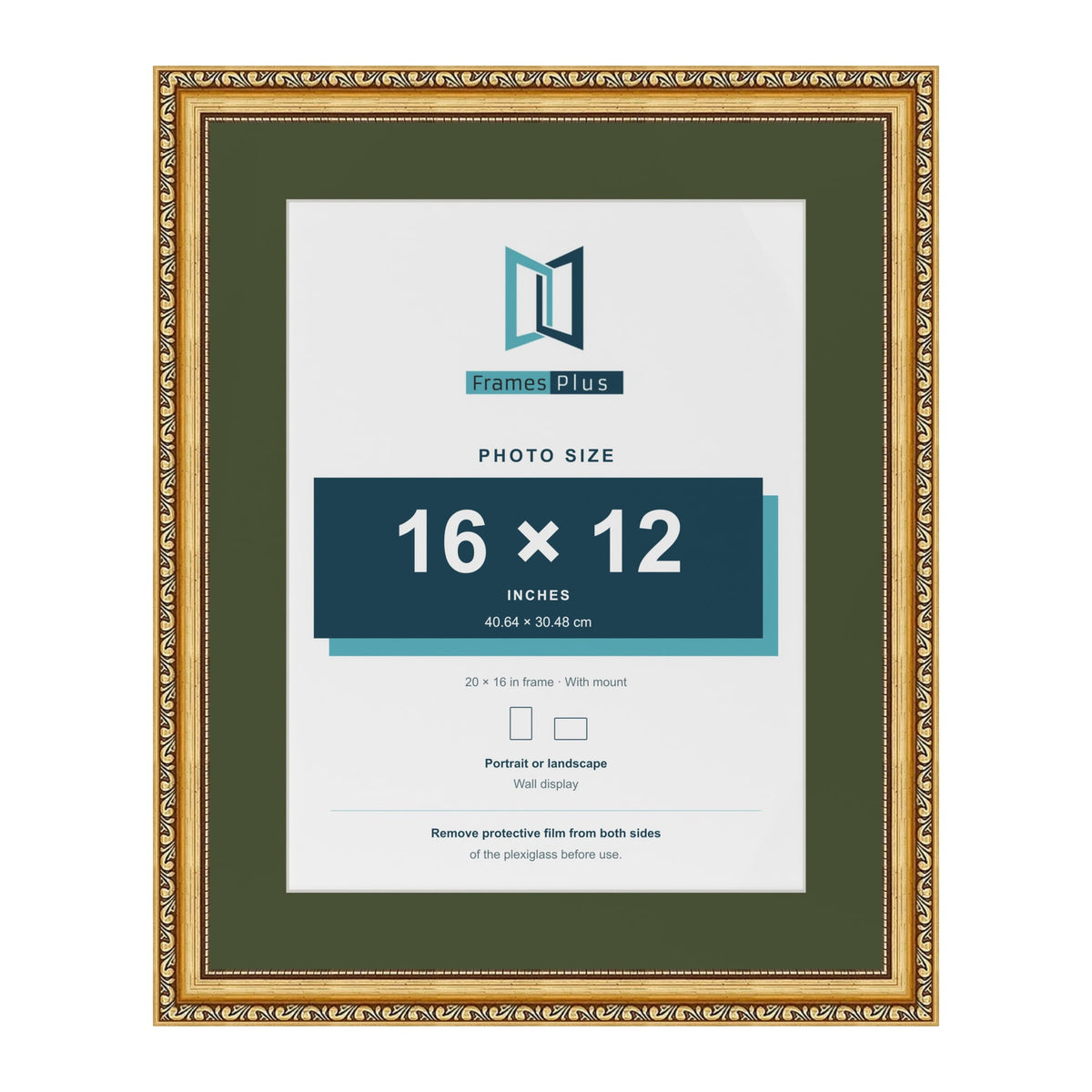 Louis Gold 20 x 16 inch picture frame with a green mount for a 16 x 12 inch photo