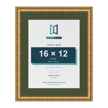 Louis Gold 20 x 16 inch picture frame with a green mount for a 16 x 12 inch photo
