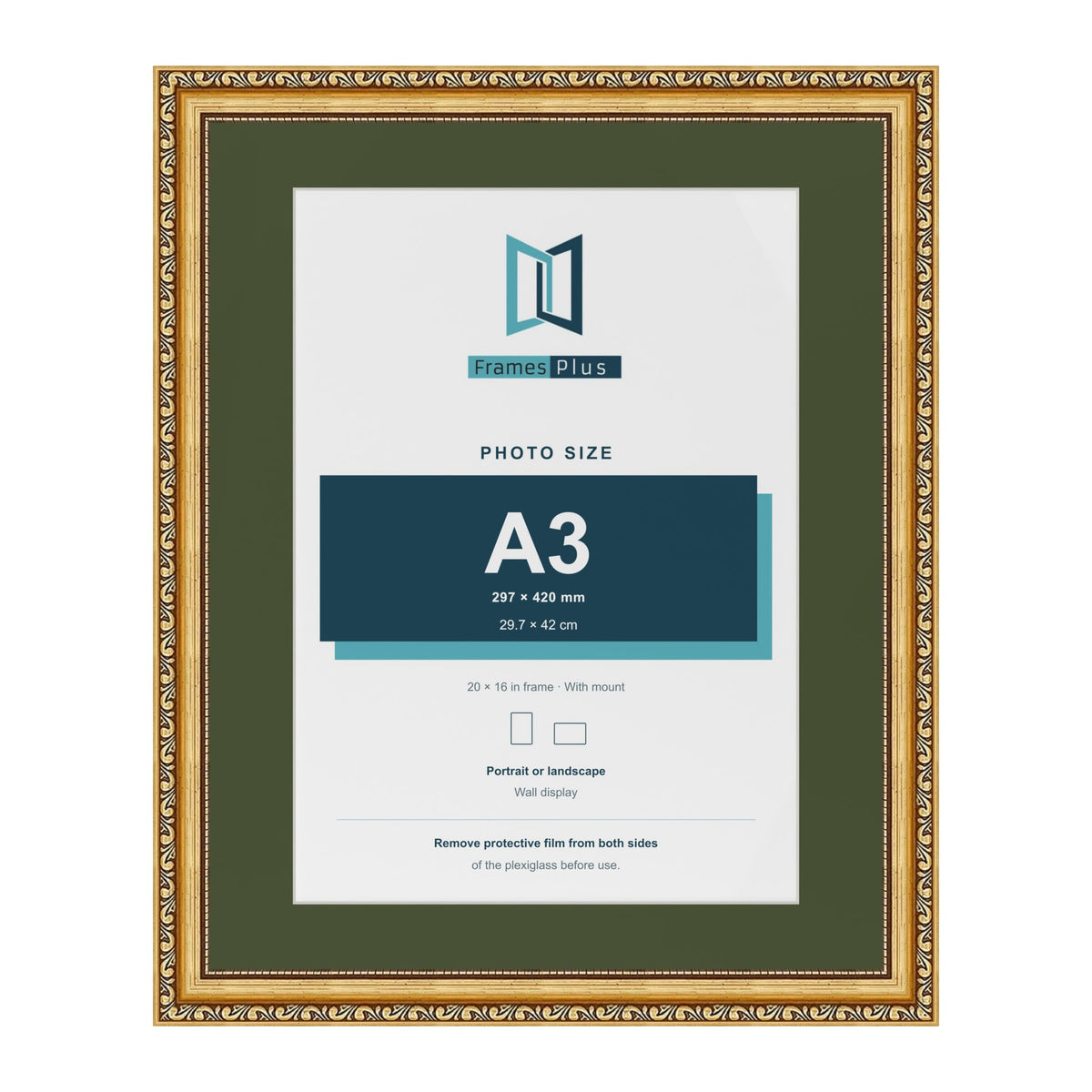 Louis Gold 20 x 16 inch picture frame with a green mount for an A3 photo