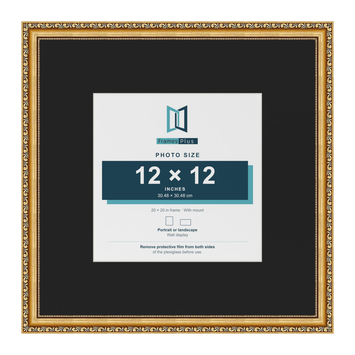 Louis Gold 20 x 20 inch picture frame with a black mount for a 12 x 12 inch photo