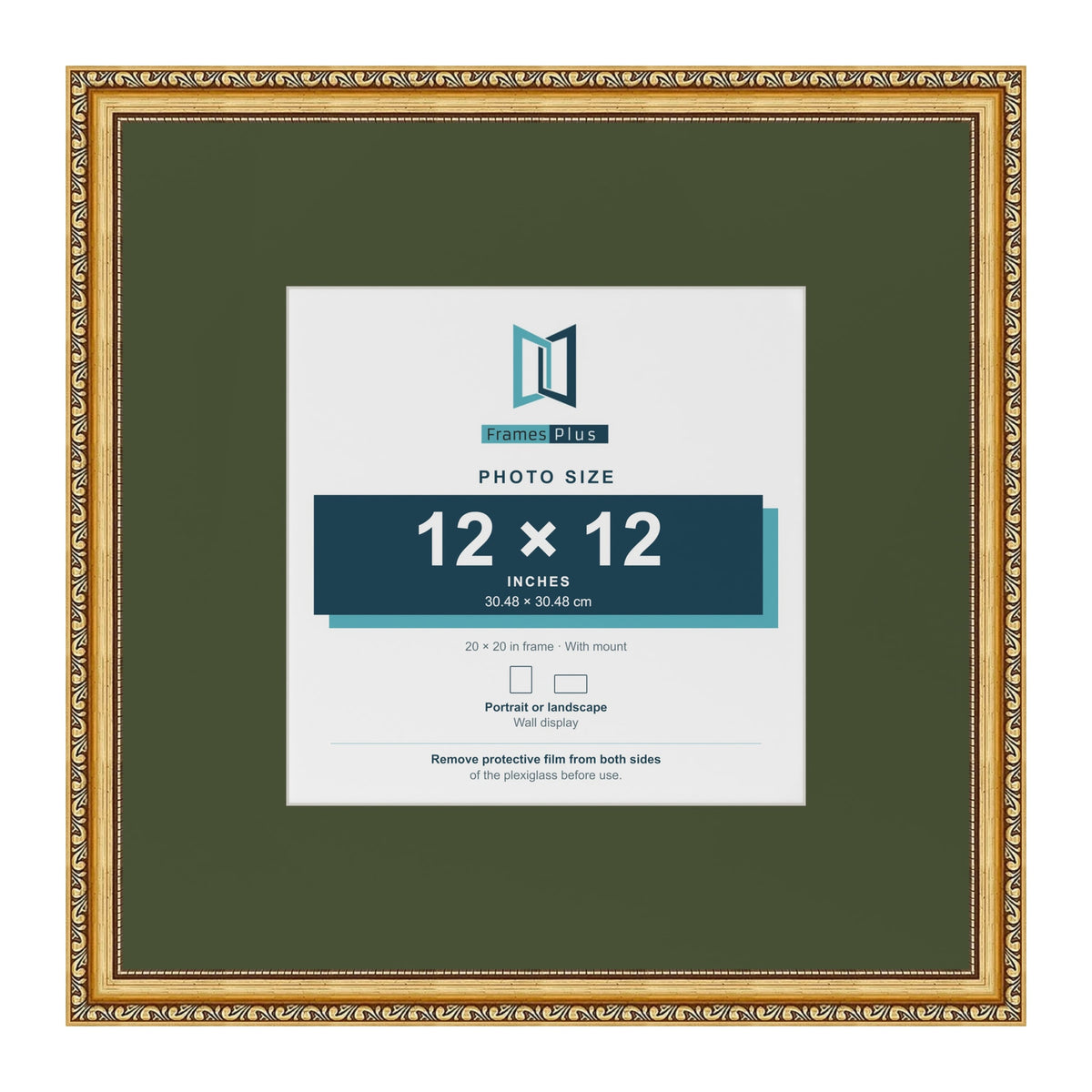 Louis Gold 20 x 20 inch picture frame with a green mount for a 12 x 12 inch photo