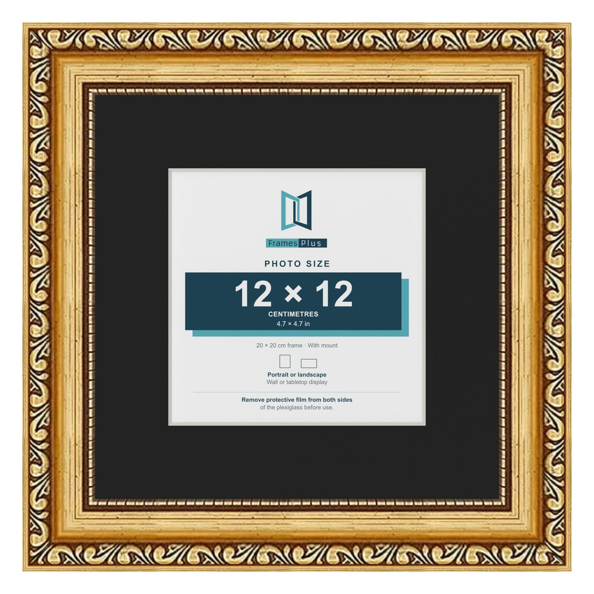 Louis Gold 20 x 20 cm picture frame with a black mount for a 12 x 12 cm photo