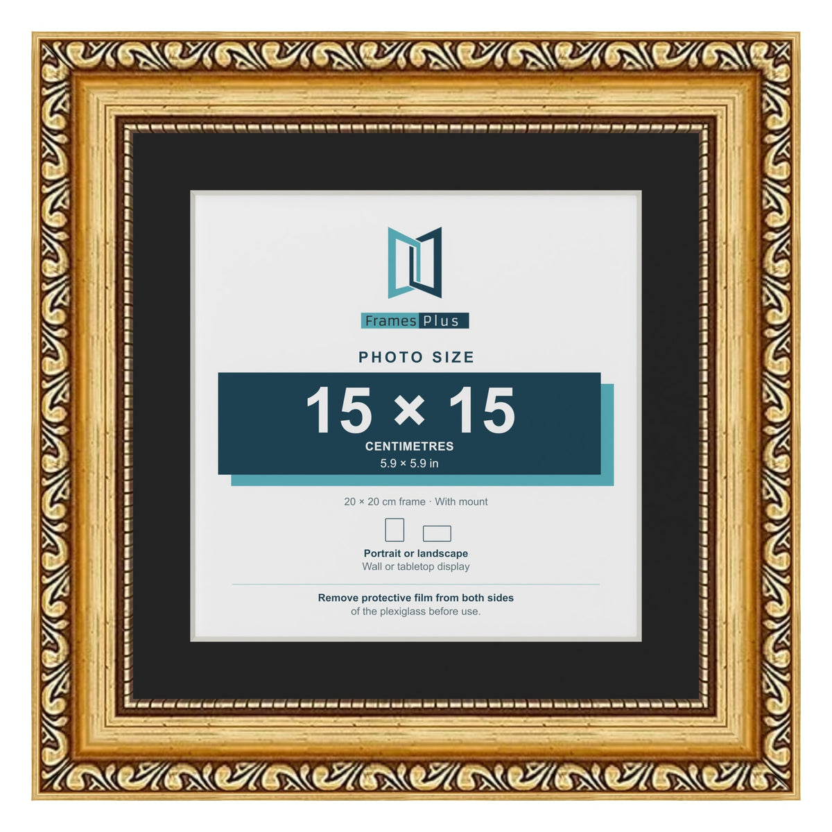 Louis Gold 20 x 20 cm picture frame with a black mount for a 15 x 15 cm photo