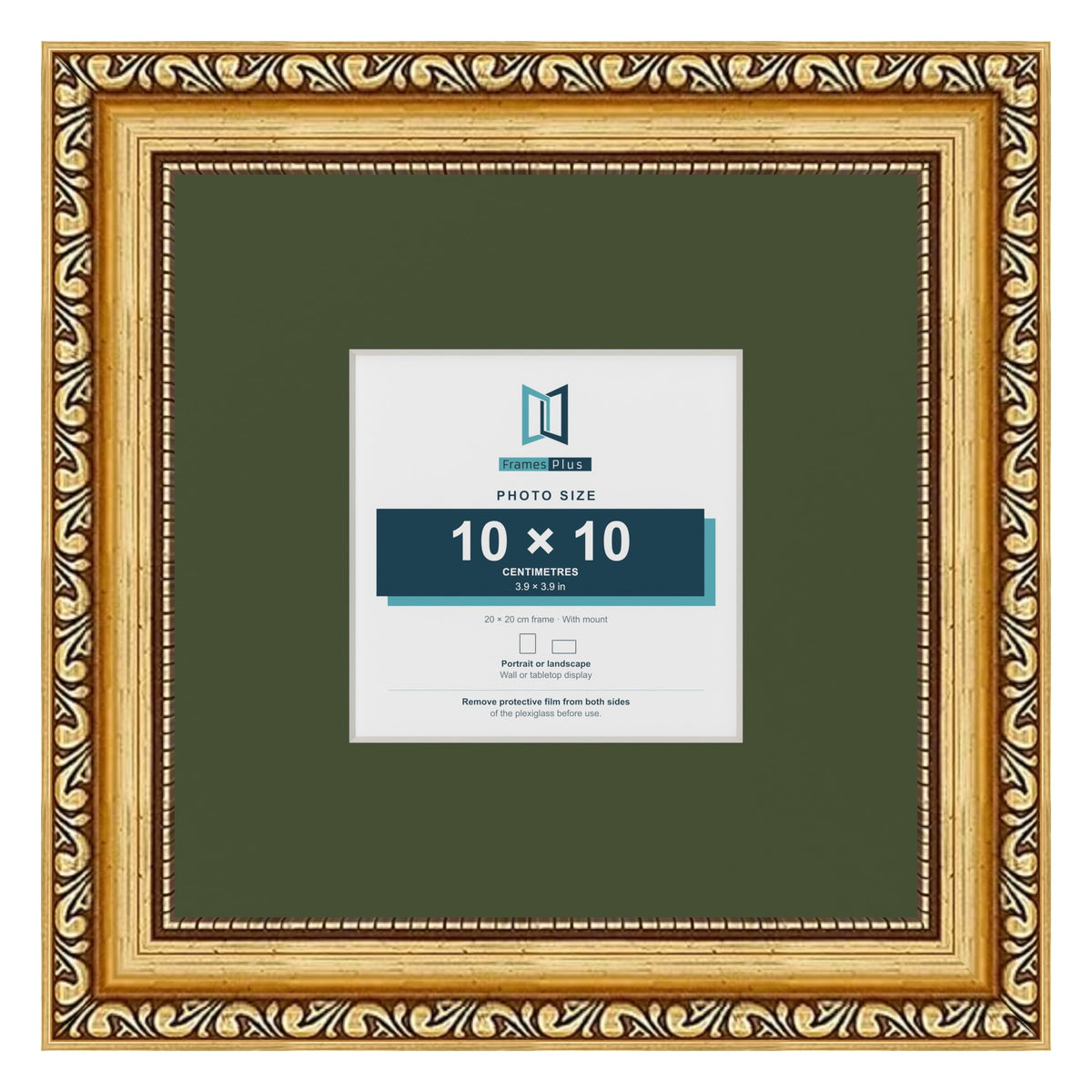 Louis Gold 20 x 20 cm picture frame with a green mount for a 10 x 10 cm photo