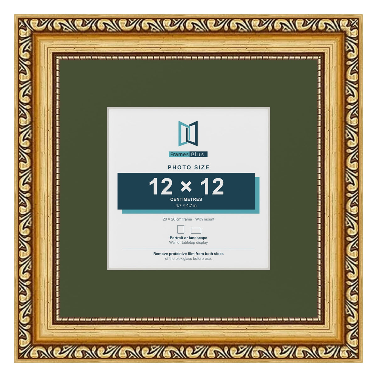 Louis Gold 20 x 20 cm picture frame with a green mount for a 12 x 12 cm photo