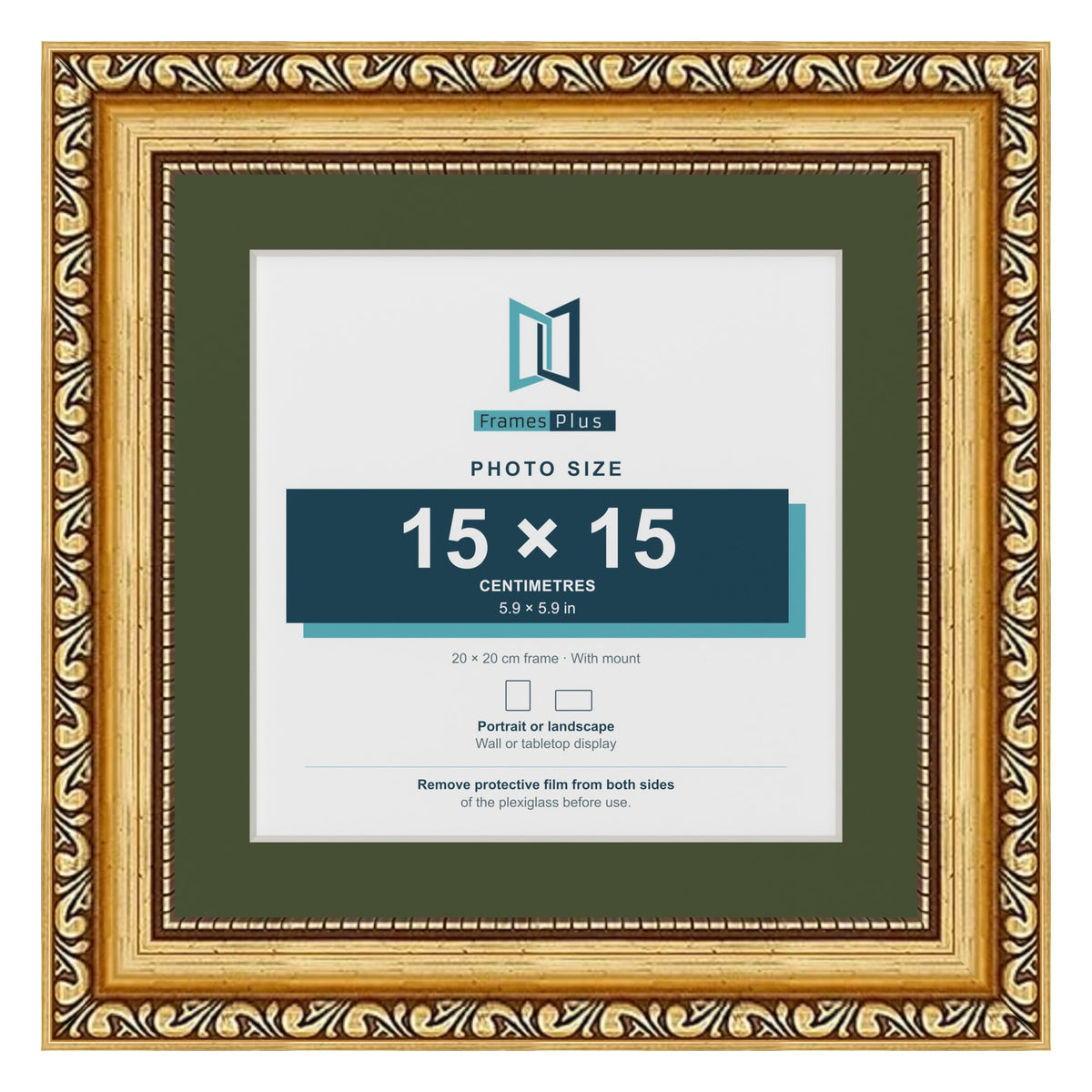 Louis Gold 20 x 20 cm picture frame with a green mount for a 15 x 15 cm photo