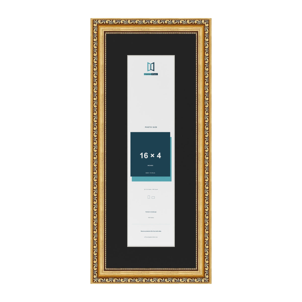 Louis Gold 20 x 8 inch picture frame with a black mount for a 16 x 4 inch photo