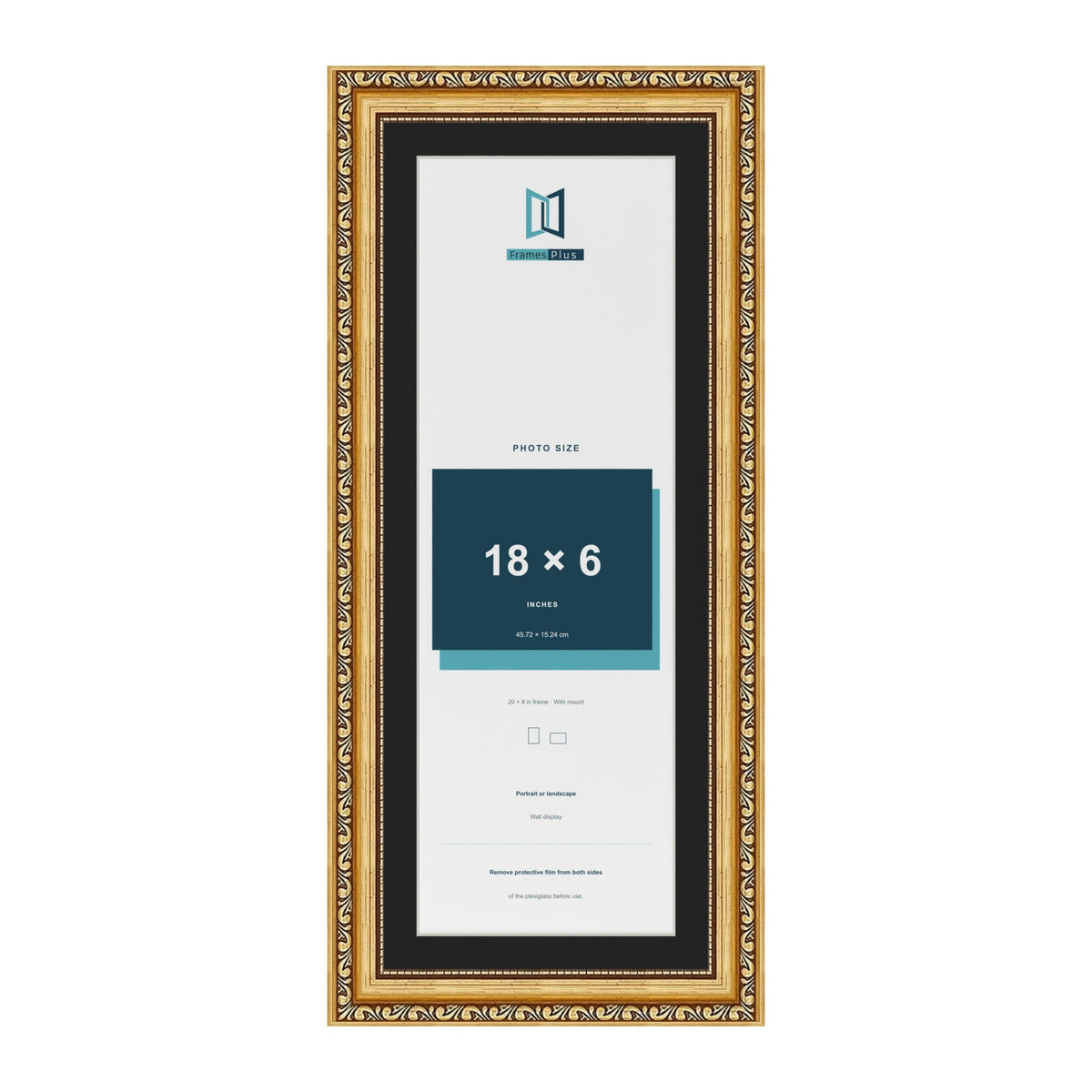 Louis Gold 20 x 8 inch picture frame with a black mount for an 18 x 6 inch photo