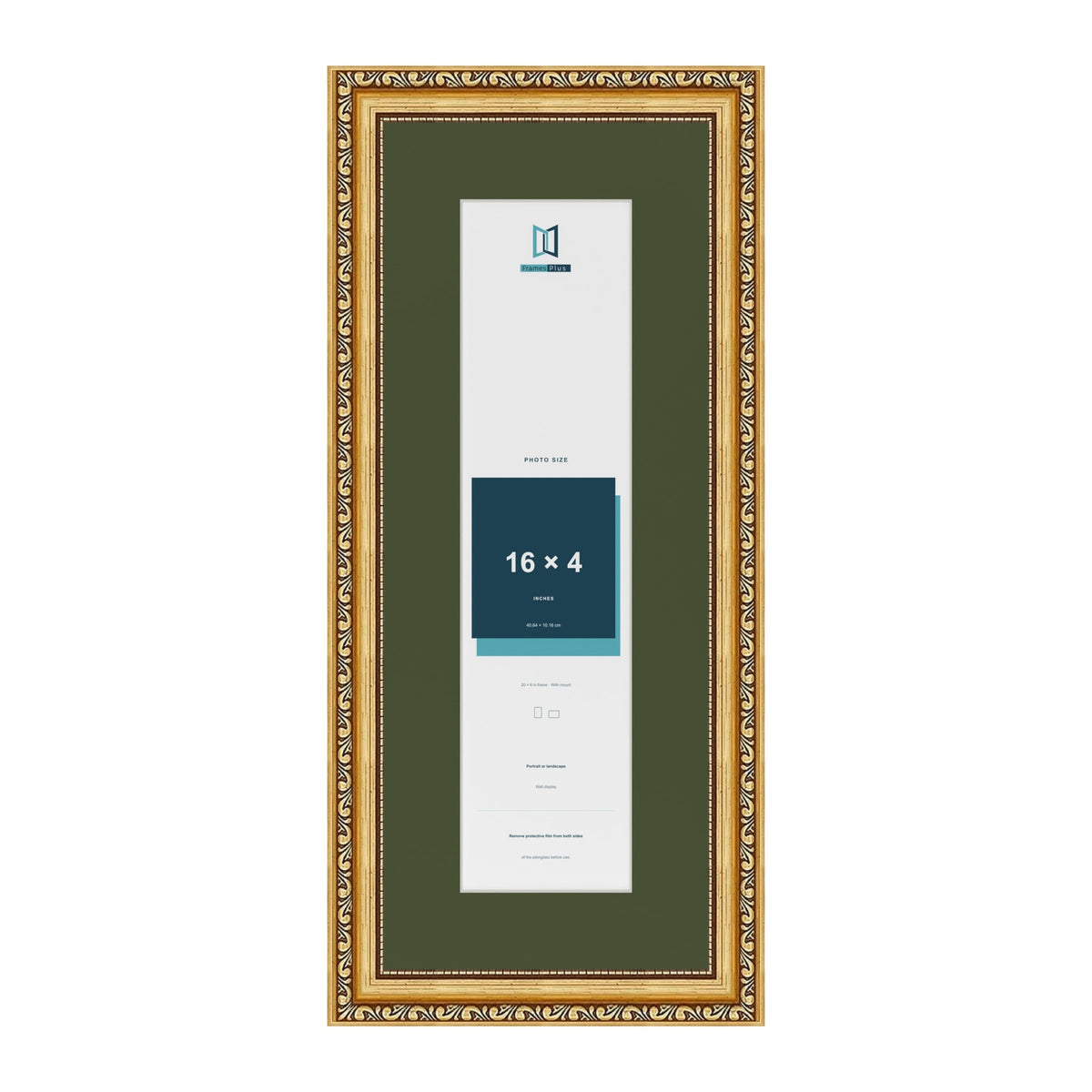 Louis Gold 20 x 8 inch picture frame with a green mount for a 16 x 4 inch photo