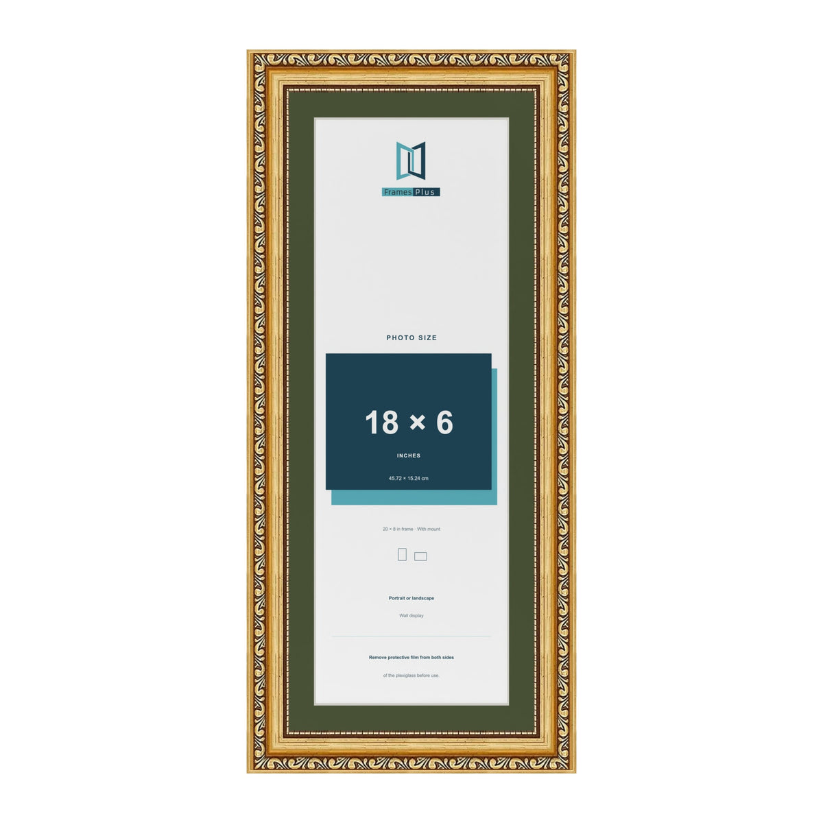 Louis Gold 20 x 8 inch picture frame with a green mount for an 18 x 6 inch photo