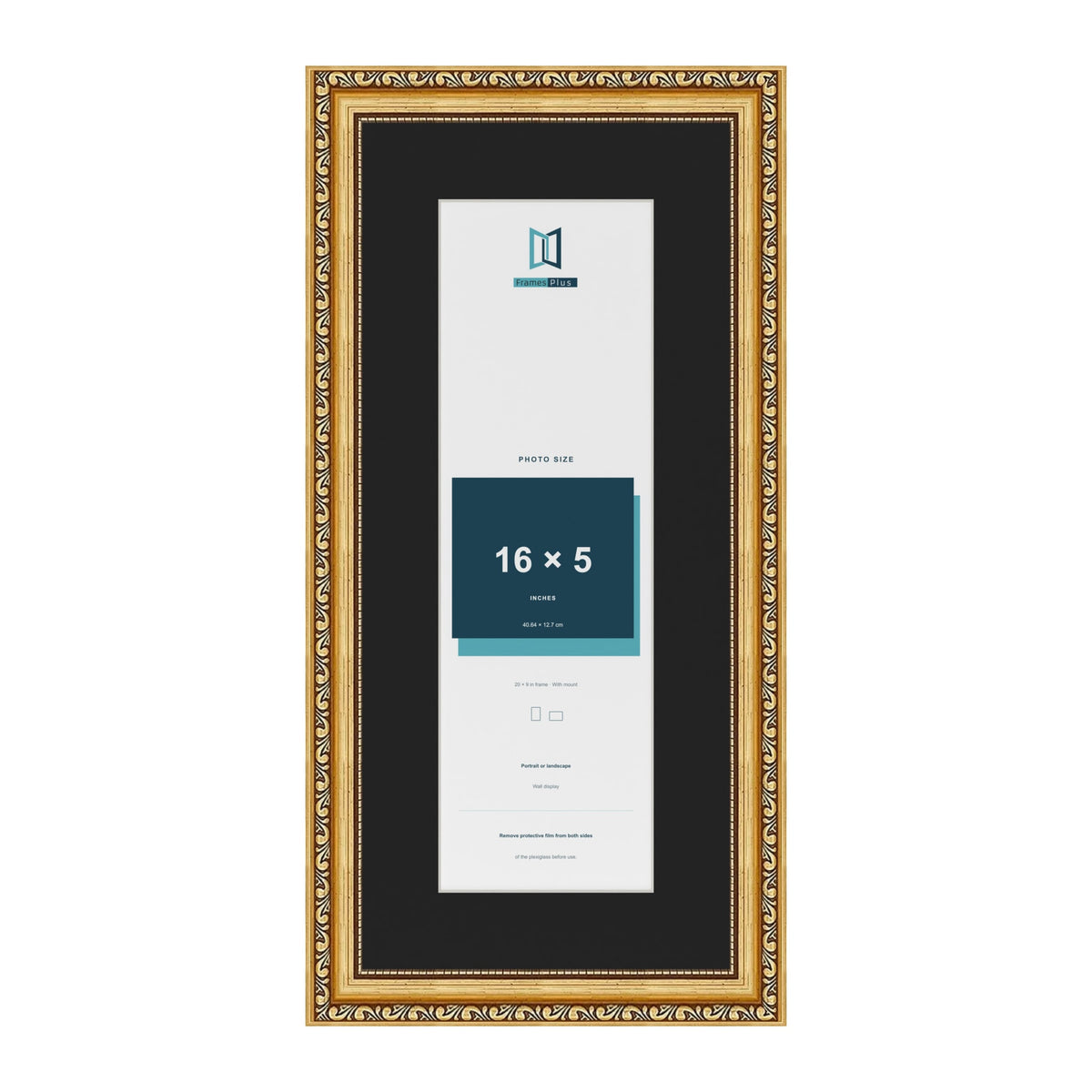 Louis Gold 20 x 9 inch picture frame with a black mount for a 16 x 5 inch photo