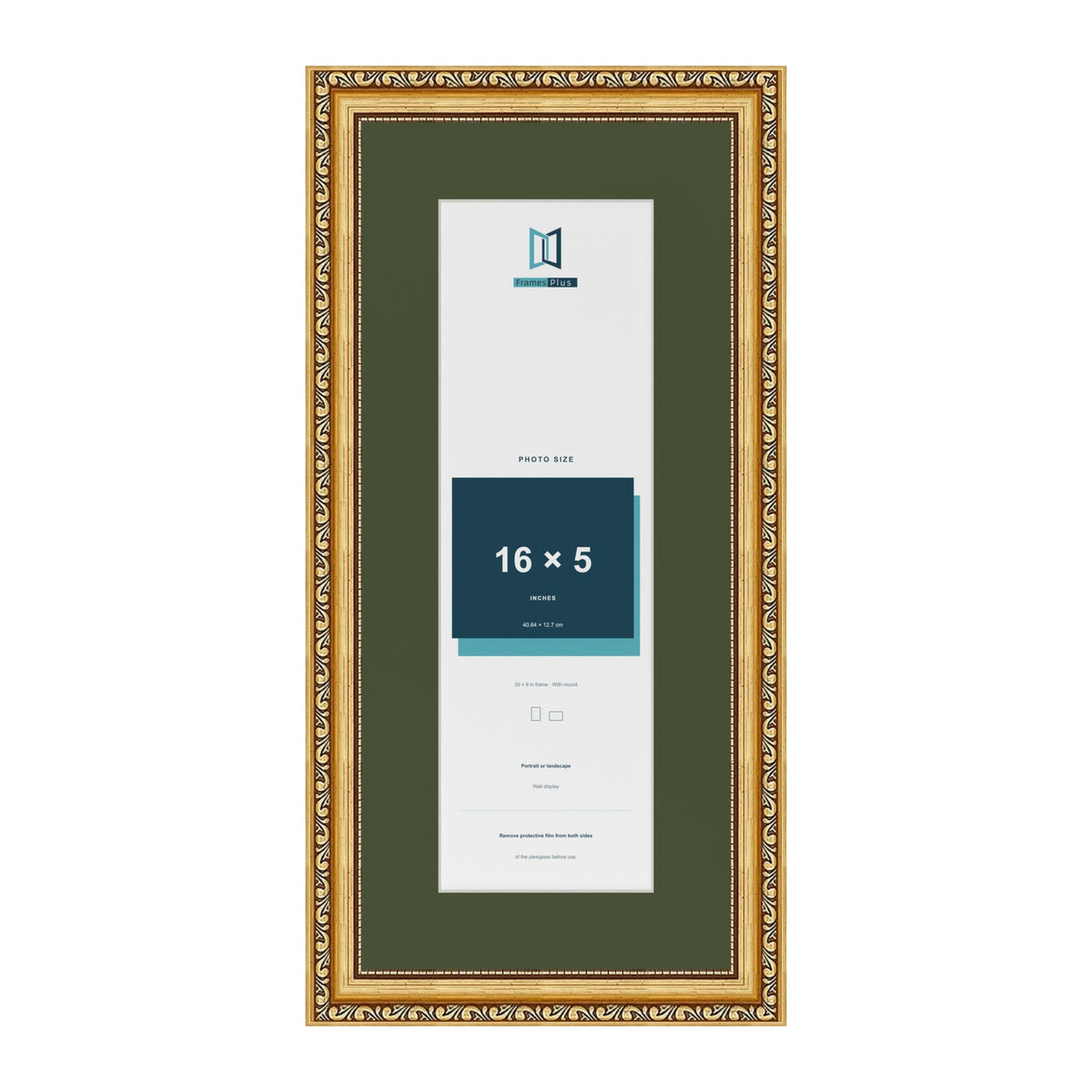 Louis Gold 20 x 9 inch picture frame with a green mount for a 16 x 5 inch photo