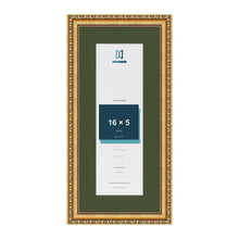Louis Gold 20 x 9 inch picture frame with a green mount for a 16 x 5 inch photo