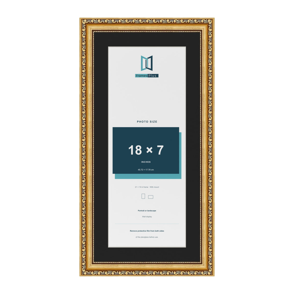 Louis Gold 21 x 10 inch picture frame with a black mount for an 18 x 7 inch photo