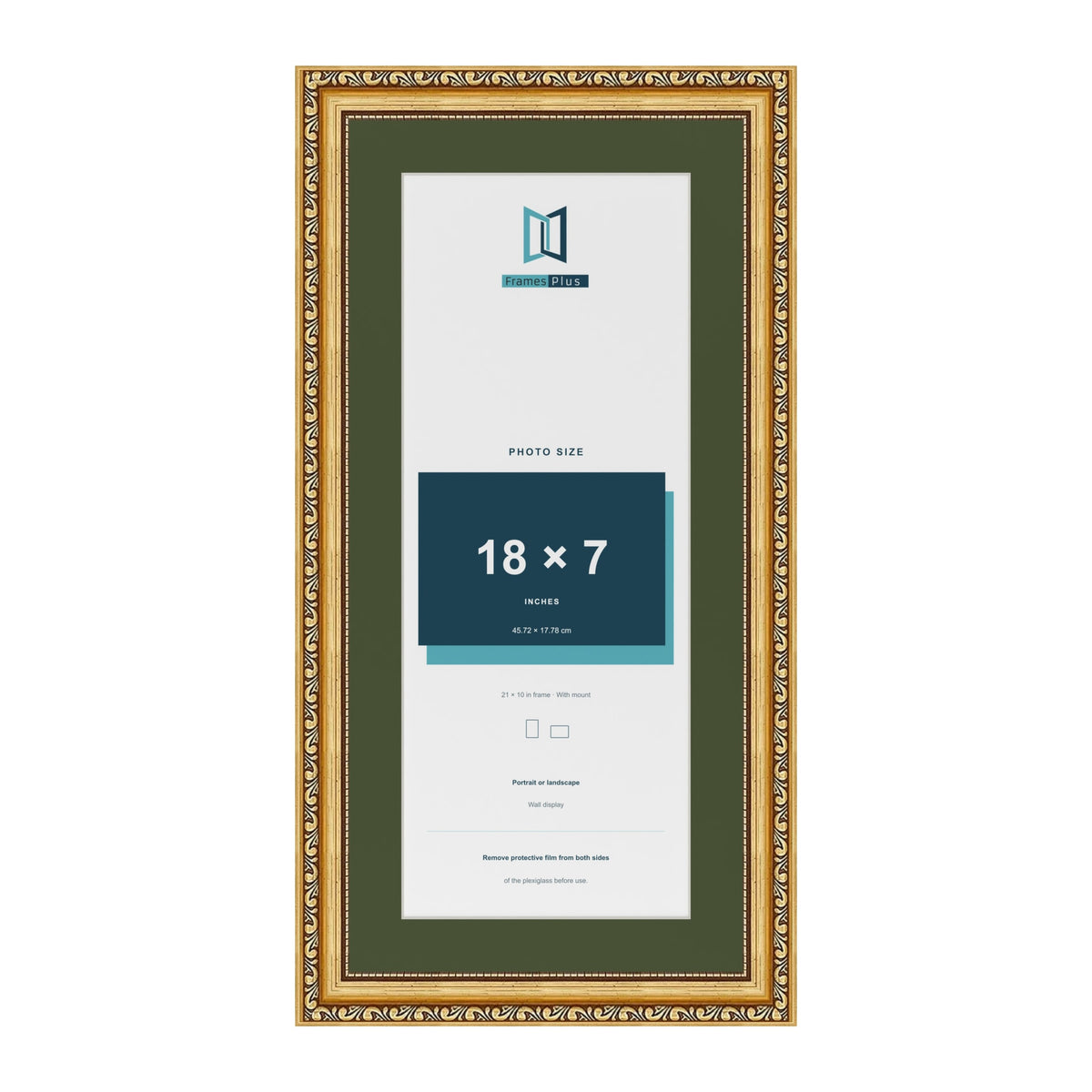 Louis Gold 21 x 10 inch picture frame with a green mount for an 18 x 7 inch photo