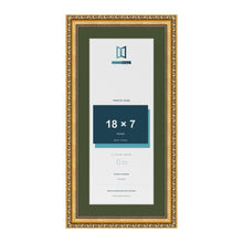 Louis Gold 21 x 10 inch picture frame with a green mount for an 18 x 7 inch photo