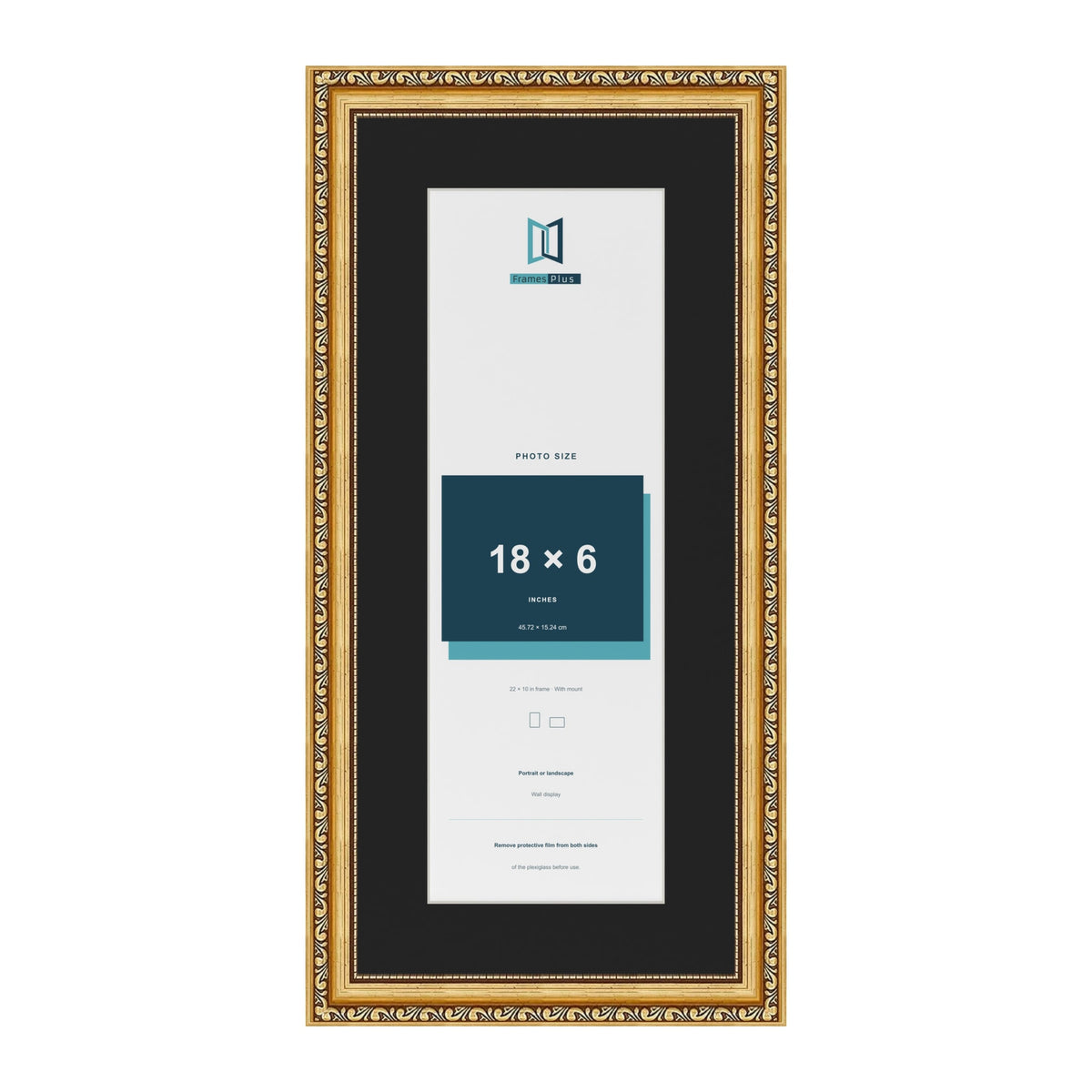 Louis Gold 22 x 10 inch picture frame with a black mount for an 18 x 6 inch photo