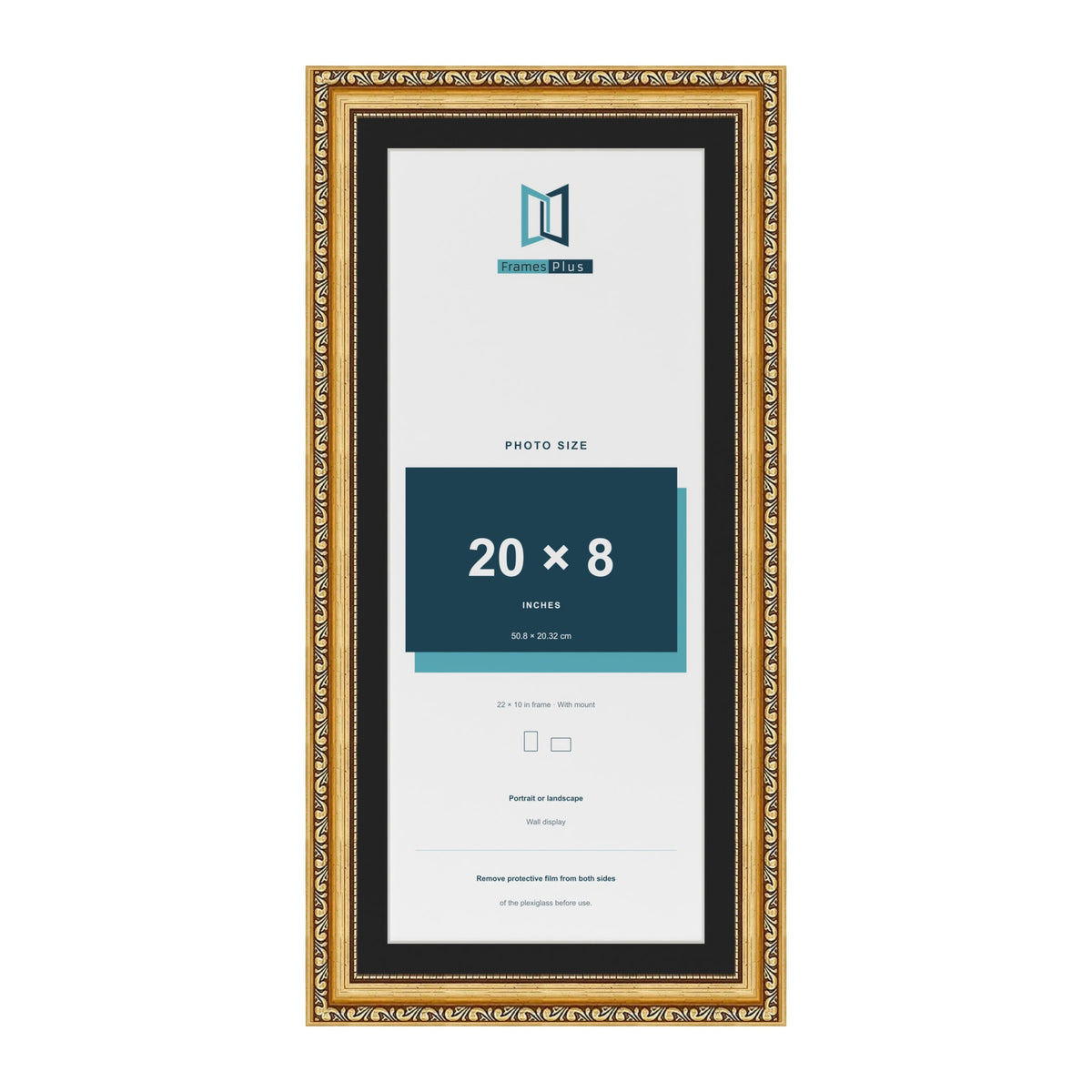 Louis Gold 22 x 10 inch picture frame with a black mount for a 20 x 8 inch photo