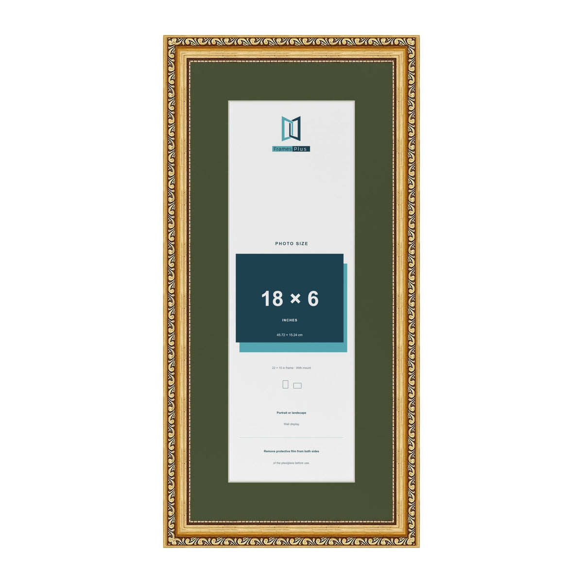 Louis Gold 22 x 10 inch picture frame with a green mount for an 18 x 6 inch photo