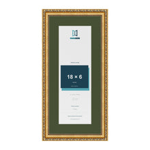 Louis Gold 22 x 10 inch picture frame with a green mount for an 18 x 6 inch photo