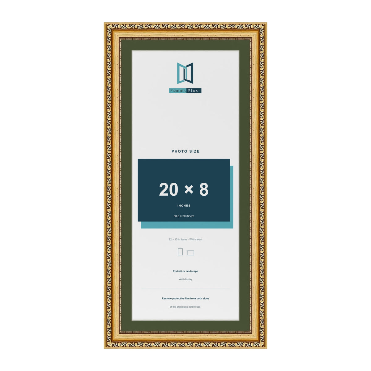 Louis Gold 22 x 10 inch picture frame with a green mount for a 20 x 8 inch photo