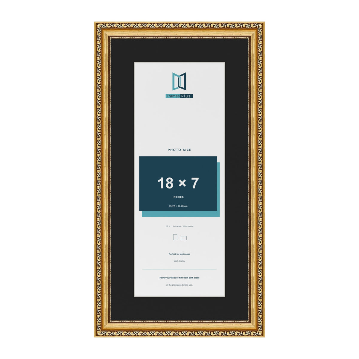 Louis Gold 22 x 11 inch picture frame with a black mount for an 18 x 7 inch photo
