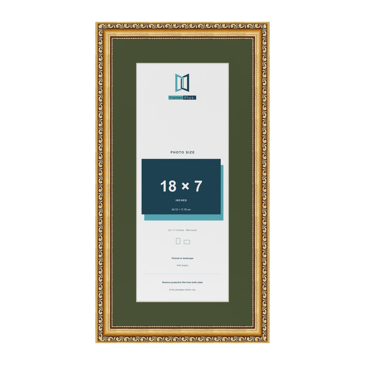 Louis Gold 22 x 11 inch picture frame with a green mount for an 18 x 7 inch photo