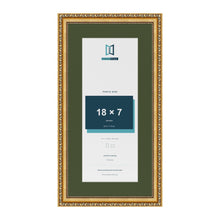Louis Gold 22 x 11 inch picture frame with a green mount for an 18 x 7 inch photo