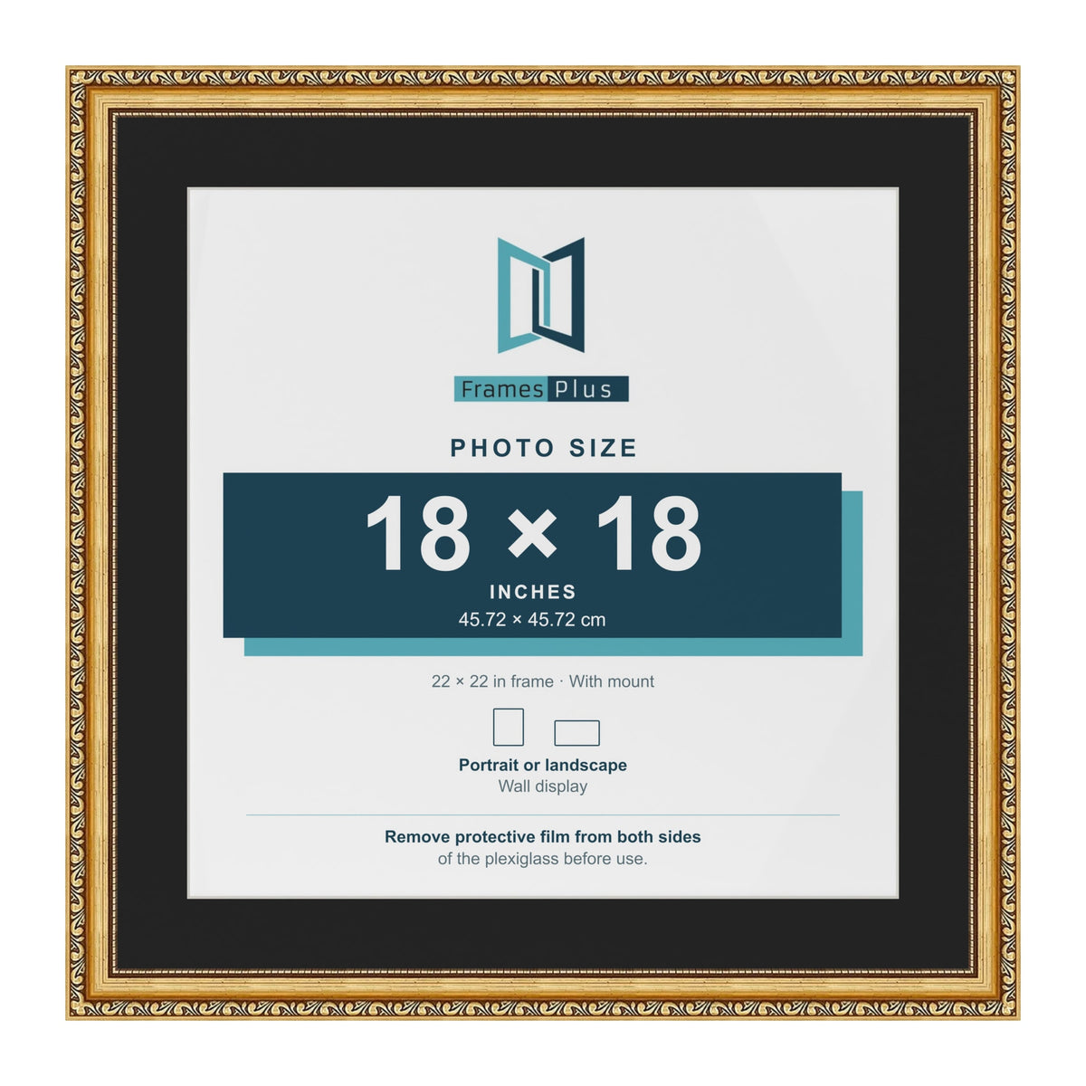 Louis Gold 22 x 22 inch picture frame with a black mount for an 18 x 18 inch photo