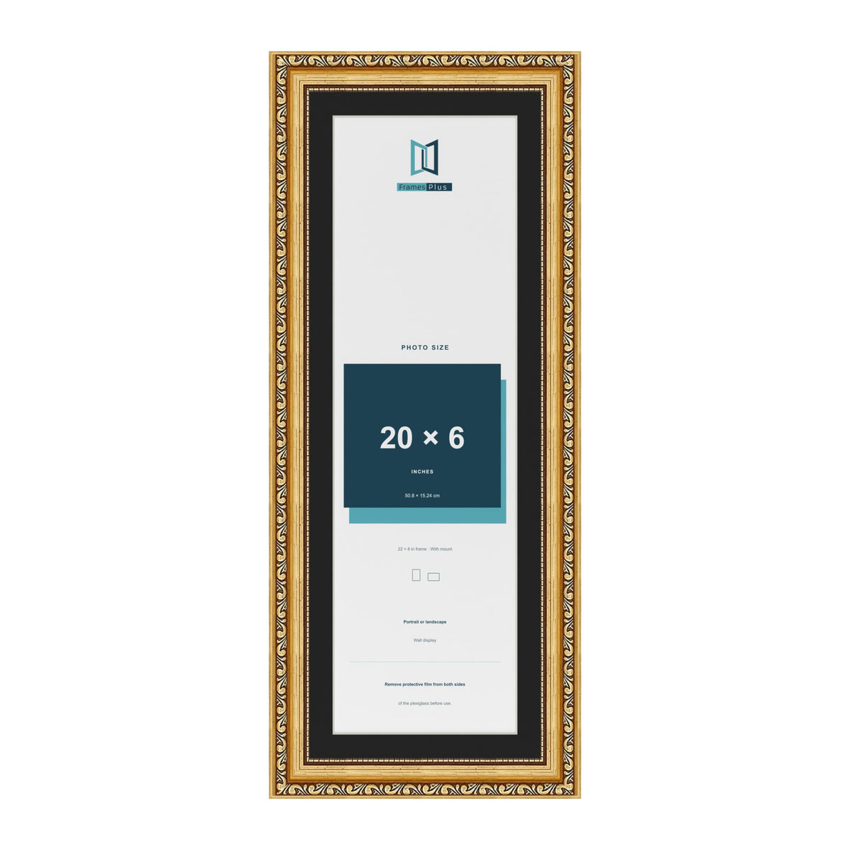 Louis Gold 22 x 8 inch picture frame with a black mount for a 20 x 6 inch photo