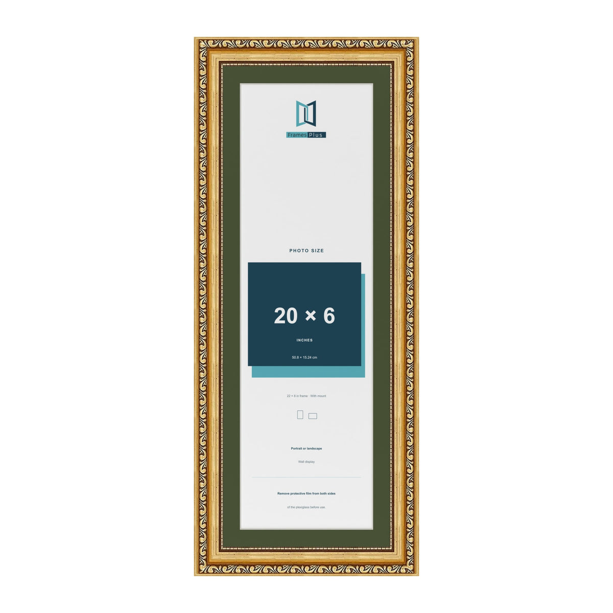 Louis Gold 22 x 8 inch picture frame with a green mount for a 20 x 6 inch photo
