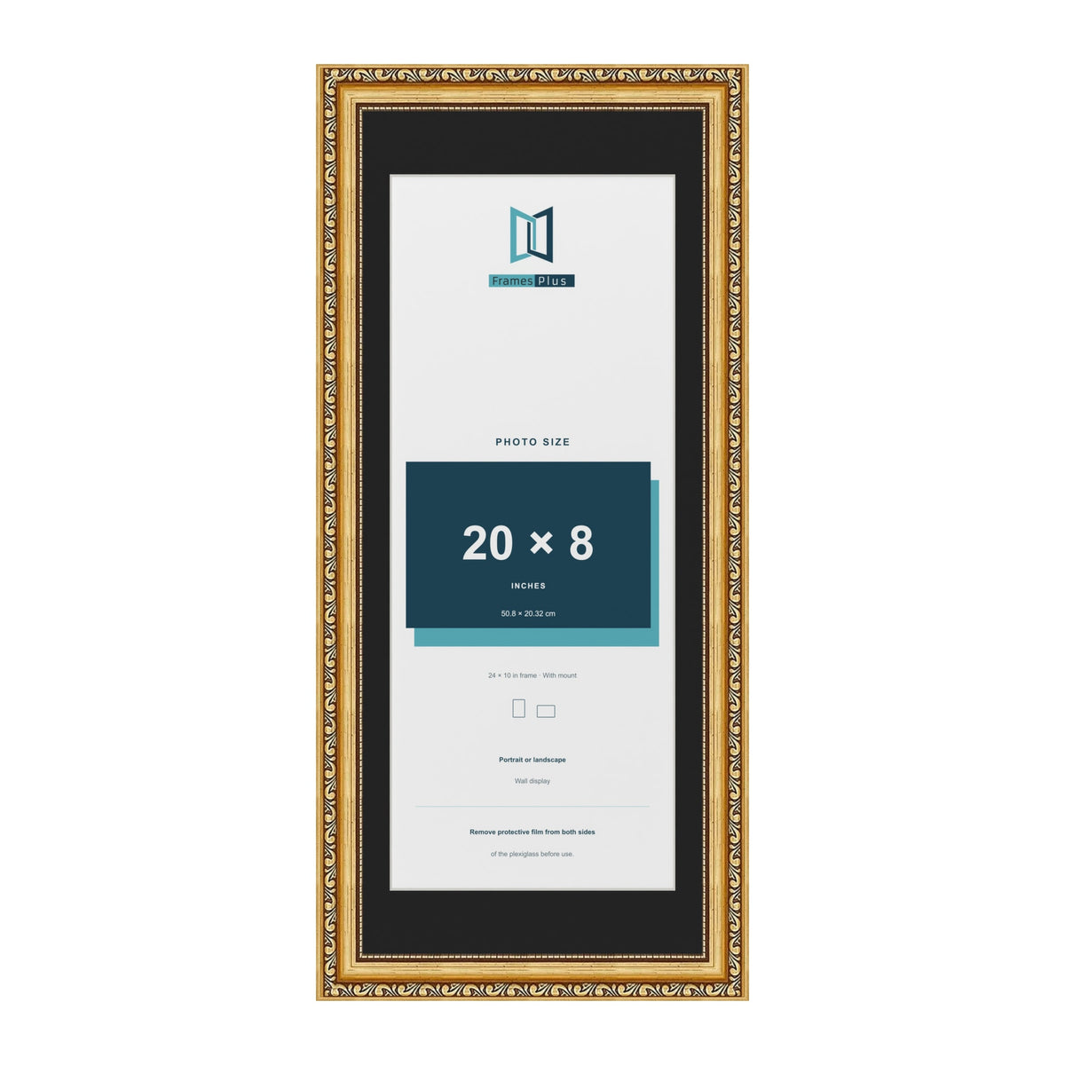 Louis Gold 24 x 10 inch picture frame with a black mount for a 20 x 8 inch photo