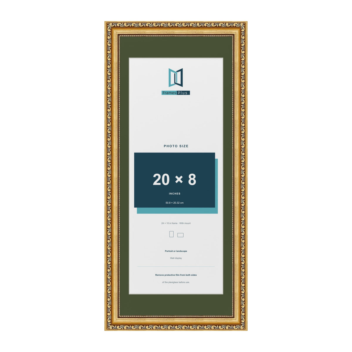 Louis Gold 24 x 10 inch picture frame with a green mount for a 20 x 8 inch photo