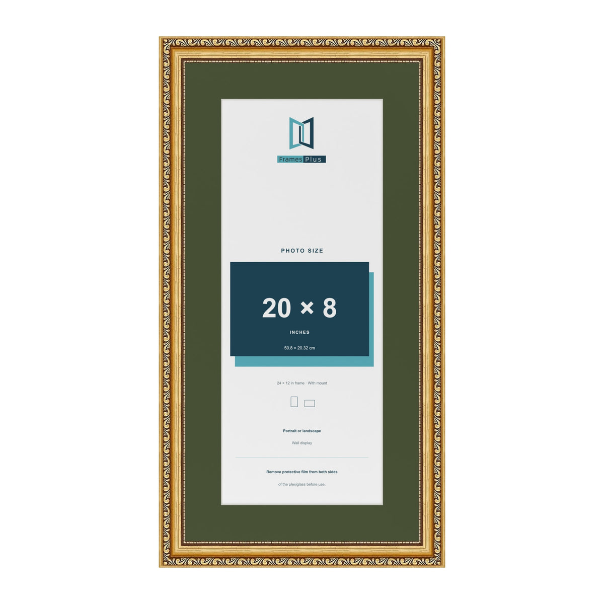 Louis Gold 24 x 12 inch picture frame with a green mount for a 20 x 8 inch photo