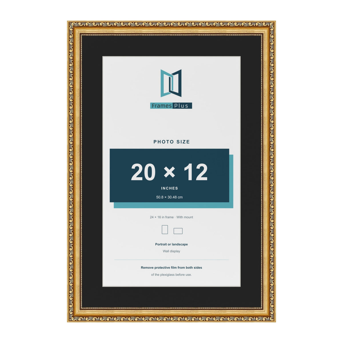 Louis Gold 24 x 16 inch picture frame with a black mount for a 20 x 12 inch photo