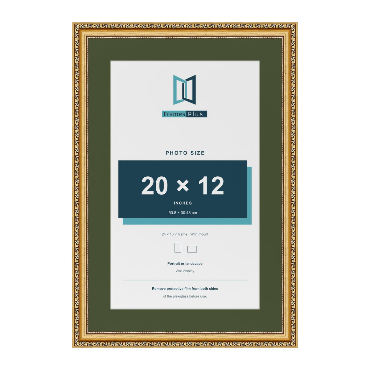 Louis Gold 24 x 16 inch picture frame with a green mount for a 20 x 12 inch photo