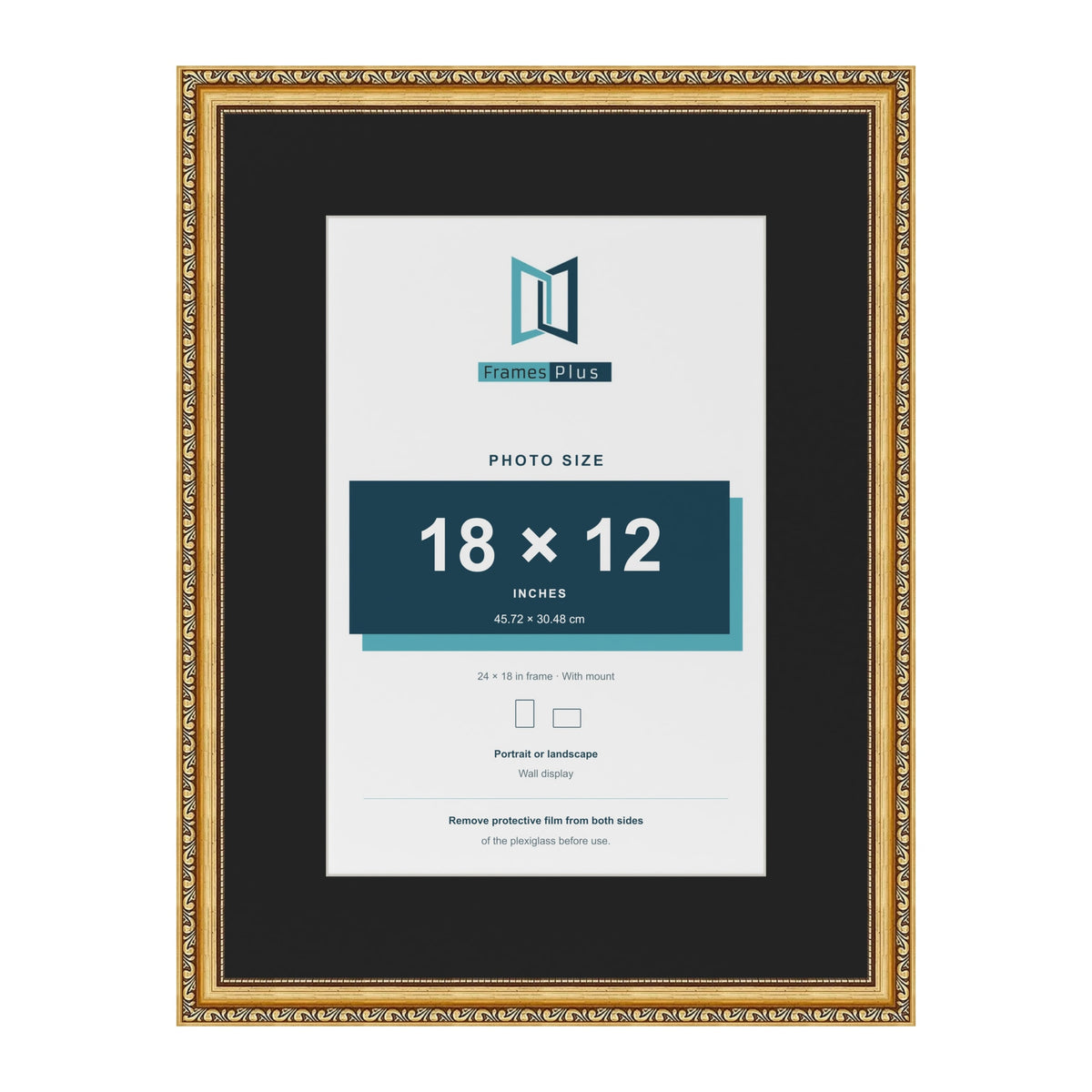 Louis Gold 24 x 18 inch picture frame with a black mount for an 18 x 12 inch photo