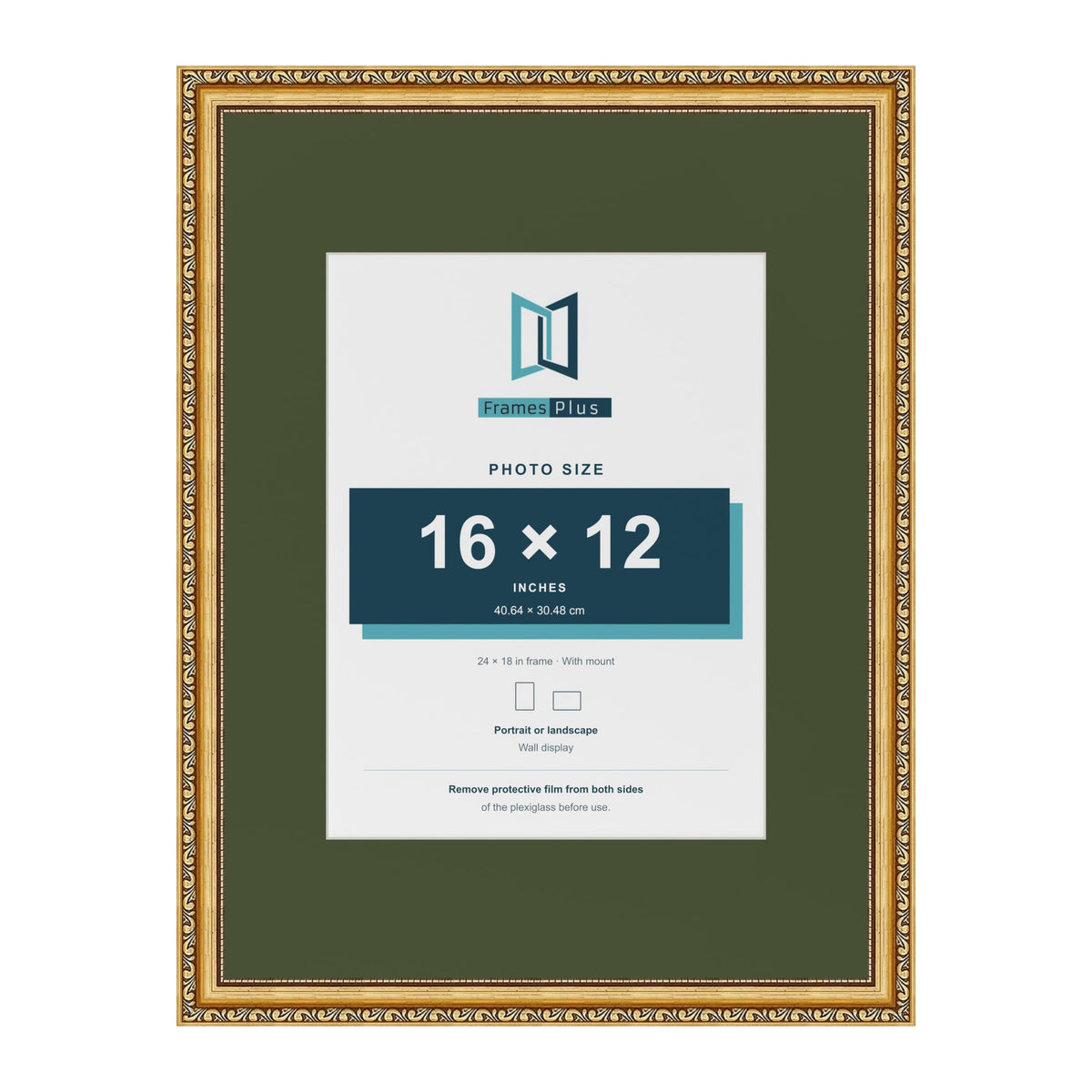 Louis Gold 24 x 18 inch picture frame with a green mount for a 16 x 12 inch photo