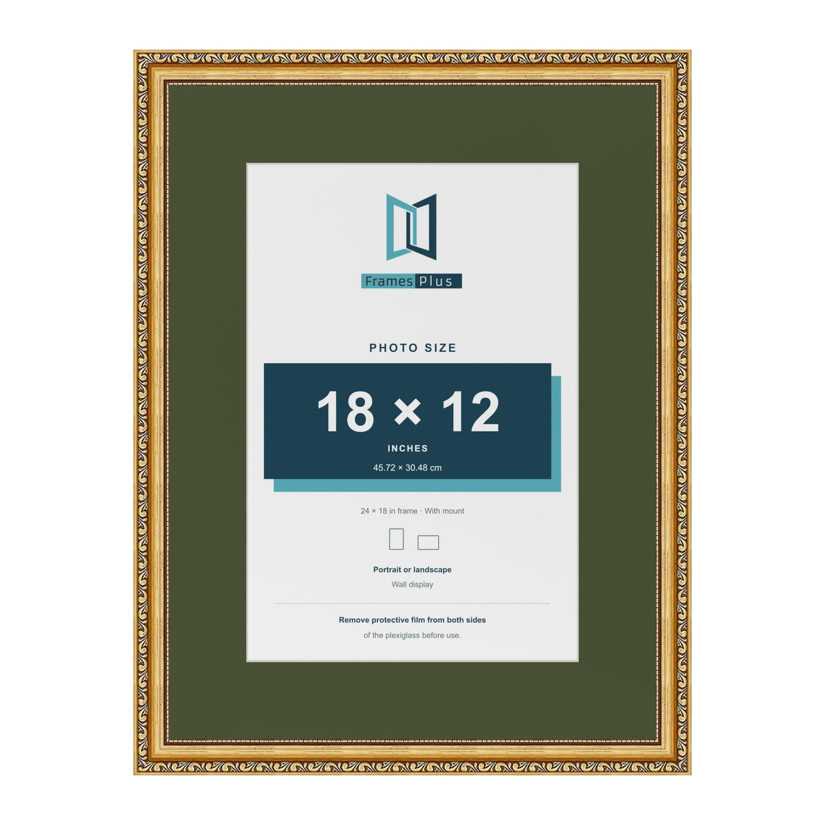 Louis Gold 24 x 18 inch picture frame with a green mount for an 18 x 12 inch photo