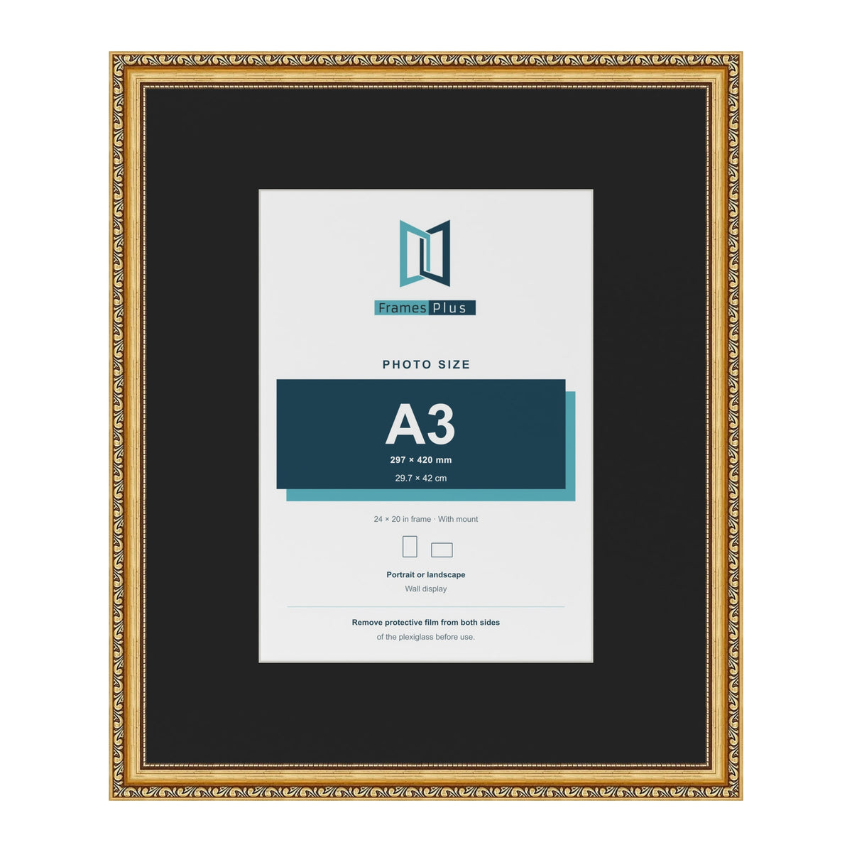 Louis Gold 24 x 20 inch picture frame with a black mount for an A3 photo