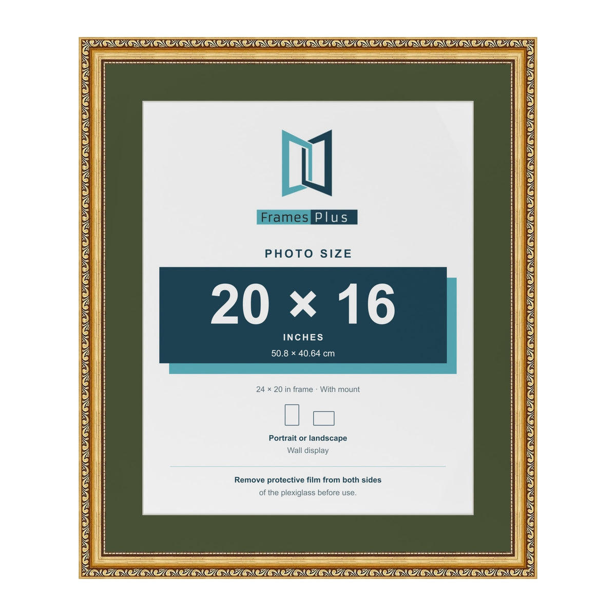 Louis Gold 24 x 20 inch picture frame with a green mount for a 20 x 16 inch photo