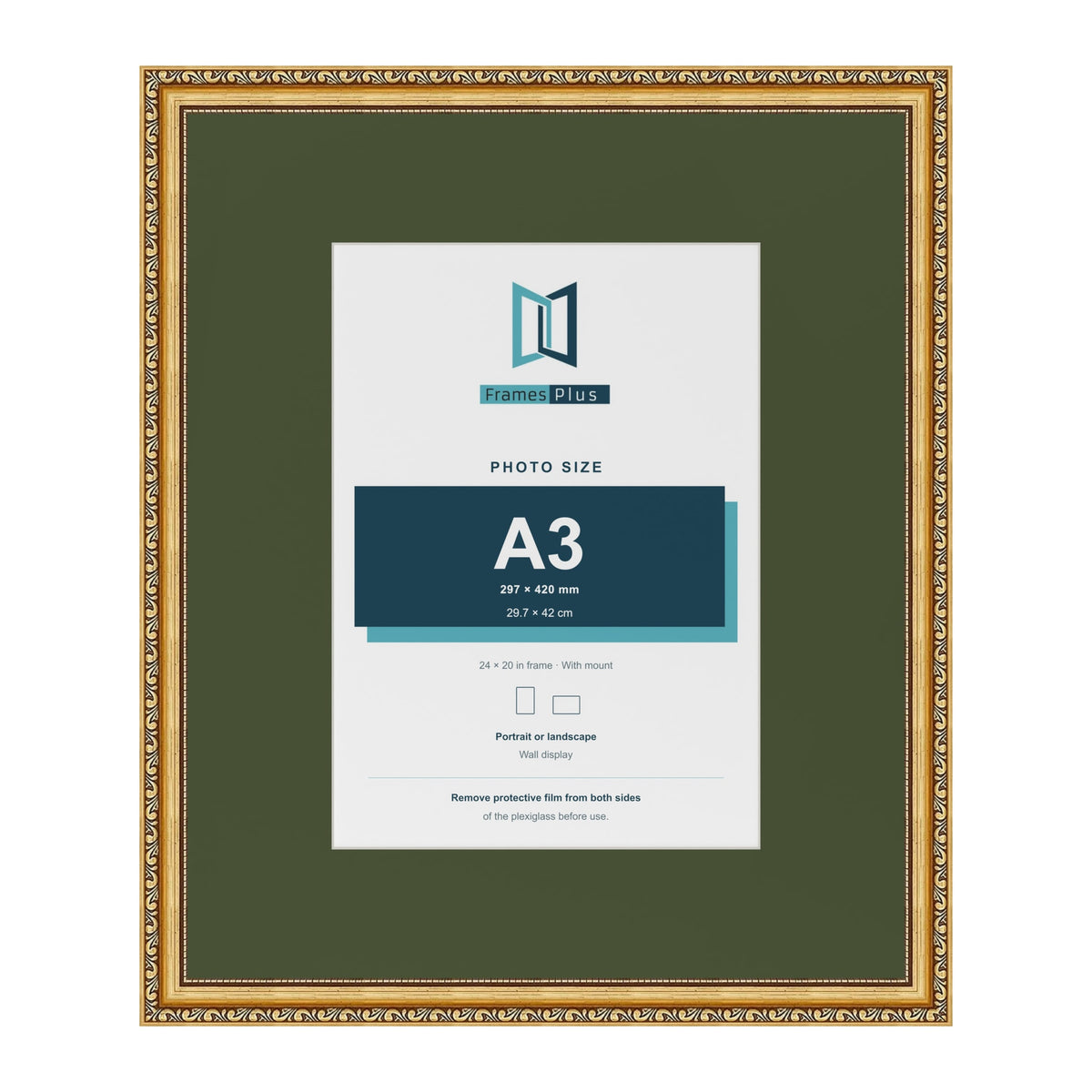Louis Gold 24 x 20 inch picture frame with a green mount for an A3 photo