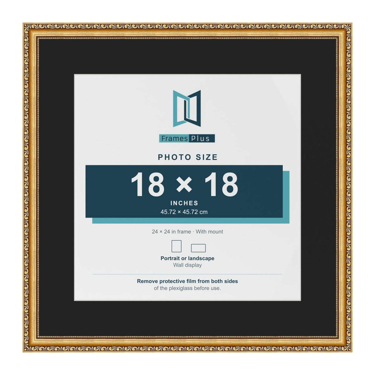 Louis Gold 24 x 24 inch picture frame with a black mount for an 18 x 18 inch photo