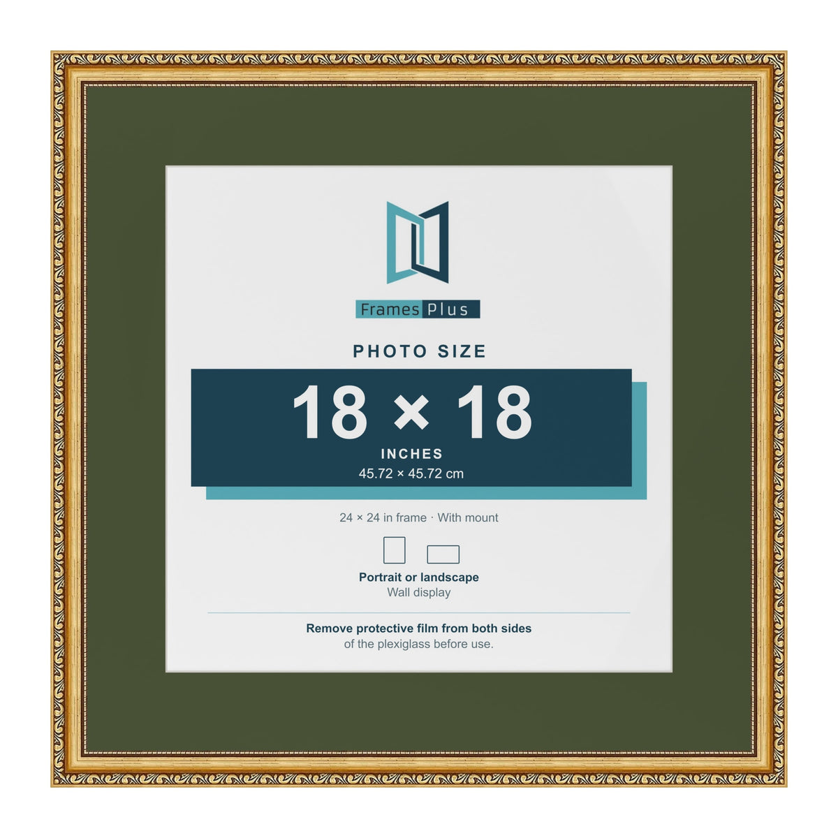 Louis Gold 24 x 24 inch picture frame with a green mount for an 18 x 18 inch photo